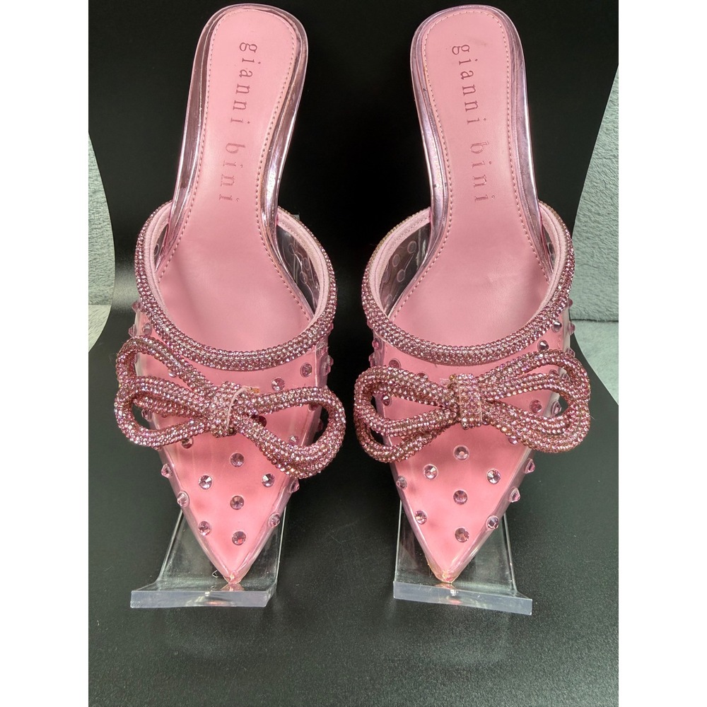 Gianni Bini Pink Rhinestone Bow Mules Pointed Toe Kitten Heel Slides 6M